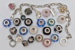 A SELECTION OF MAINLY DESIGNER CHARMS, to include various Rhona Sutton glass charms, a Thomas Sabo