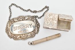 A SILVER DECANTER LABEL, PILL BOX AND A SMALL TOOTHPICK, floral decanter label for 'Sherry',