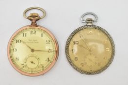 TWO POCKET WATCHES, to include a manual wind, open face pocket watch, bi-colour plated case, dial