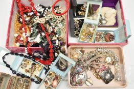 A BOX OF ASSORTED JEWELLERY, to include two yellow metal earrings and three scroll fittings, some