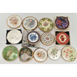 THIRTEEN STRATTON POWDER COMPACTS WITH FLORAL DESIGNS TO THE COVERS, various shapes and sizes,