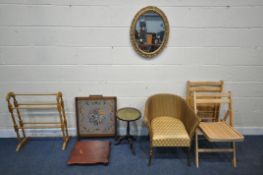 A SELECTION OF OCCASIONAL FURNITURE, to include a gilt resin oval mirror, a Lloyd loom chair, two