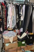 A LARGE QUANTITY OF LADIES CLOTHING, comprising seven boxes and loose items, over twenty pairs of