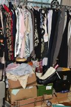 A LARGE QUANTITY OF LADIES CLOTHING, comprising seven boxes and loose items, over twenty pairs of