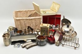 A BOX OF ASSORTED ITEMS, to include two jewellery boxes, two brooches, a 'Weiss' brass clock, a