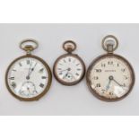 THREE OPEN FACE POCKET WATCHES, AF hand wound movements, names to include Medana and Ostara, (