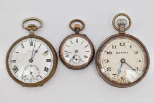 THREE OPEN FACE POCKET WATCHES, AF hand wound movements, names to include Medana and Ostara, (