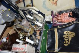 TWO BOXES OF MISCELLANEOUS SUNDRIES, to include an early 1980's Gola cream and blue holdall and a