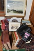 TWO BOXES OF BOOKS, PICTURES, MIRRORS AND MISCELLANEOUS ITEMS, to include nine framed paintings,