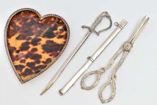 A PIN TRAY AND TWO OTHER ITEMS, a heart shaped, faux tortoiseshell pin tray, fitted with a silver