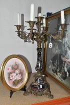 A LARGE CANDELABRA AND TWO FRAMED PICTURES, comprising a Wong Lee porcelain and cast metal five