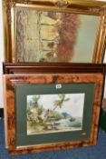 FIVE DECORATIVE OIL AND WATERCOLOUR PICTURES, comprising two John Bampfield (1947) oils on canvas,