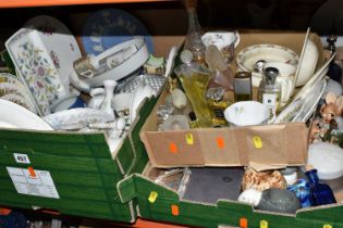 THREE BOXES OF NAMED CERAMICS AND CHANEL PERFUME, to include a Royal Crown Derby Imari 'Gold