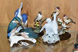 A GROUP OF BIRD FIGURES, comprising a Karl Ens kingfisher figure group (a little light crazing), a