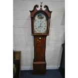 A GEORGIAN OAK CASED 8 DAY LONGCASE CLOCK, the hood with a swan neck pediment, central brass