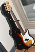 A JAPANESE 'COLUMBUS' ELECTRIC BASE GUITAR with a protective hard carry case, with a maple wooden