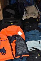 ONE BOX OF OUTDOOR CLOTHING AND HAND LUGGAGE, to include a black Harrods flight bag (broken zip on