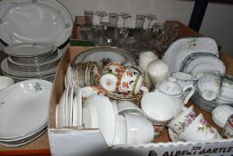TWO BOXES OF CERAMICS AND GLASSWARE, to include a Royal Doulton 'Vogue' pattern dinner set, a