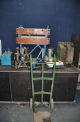 A COLLECTION OF TOOLS including two pairs of axle stands, a Workmate, two 'Jerry' cans, a sack