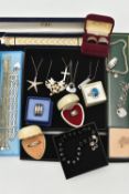 AN ASSORTMENT OF SILVER AND WHITE METAL JEWELLERY, to include three bi colour bracelets each