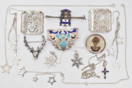 ASSORTED JEWELLERY, to include an open work nurses buckle, markers mark 'AJS', a white metal and