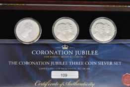 THE CORONATION JUBILEE THREE COIN SILVER SET, to include three Sterling Silver Proof Five Pound