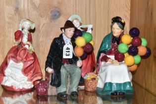 FOUR ROYAL DOULTON FIGURINES, comprising The Balloon Man HN1954 (broken and glued around neck),