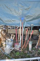 A VINTAGE GALVANISED WATERING CAN four modern galvanised buckets and a selection of garden tools (