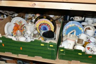 FOUR BOXES OF CERAMICS, dinnerware, tea cups, teapots, ornaments, two Thorntons Chocolate money