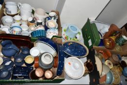 FOUR BOXES AND LOOSE CERAMICS, to include a Denby Cotswold coffee pot, a TG Green 'Pork Dripping'