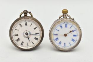 TWO LADIES OPEN FACE POCKET WATCHES, the first a key wound, round white dial with Roman numerals, in