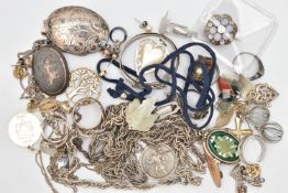 A BAG OF ASSORTED WHITE METAL JEWELLERY, to include a silver oval locket, hallmarked Birmingham,