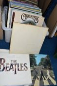 TWO BOXES AND A CASE OF RECORDS, approximately ninety LPs to include The Beatles (White Album),