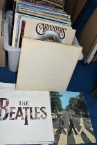 TWO BOXES AND A CASE OF RECORDS, approximately ninety LPs to include The Beatles (White Album),