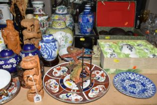 A COLLECTION OF ORIENTAL PORCELAIN AND ORNAMENTS, comprising two large Chinese ginger jars (one