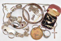 A BAG OF SILVER AND WHITE METAL JEWELLERY, to include a heavy silver identification bracelet,