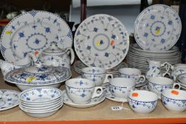 A LARGE QUANTITY OF BLUE AND WHITE IRONSTONE DENMARK PATTERN DINNERWARE, comprising ten 'Franciscan'