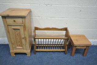 A PINE POT CUPBOARD, with a single drawer and cupboard door, 37cm squared x height 77cm, a hanging