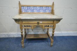 A 19TH CENTURY PINE MARBLE TOP WASH STAND, with a raised tile back, a single frieze drawer, on