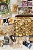 A BOX OF ASSORTED COSTUME JEWELLERY AND ITEMS, to include various non-pierced costume earrings,