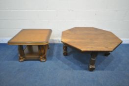 AN OAK OCTAGONAL COFFEE TABLE, on turned and block legs, diameter 115cm x height 48cm, along with an