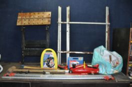 A COLLECTION OF TOOLS including a Sealey 2 tonne trolley jack, two sets of snow chains, three sash