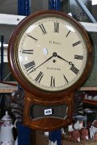 AN ENGLISH DROP DIAL WALL CLOCK, 1920s with a fusee movement, original key and pendulum, the 30cm