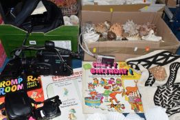 THREE BOXES AND LOOSE ASSORTED SUNDRY ITEMS ETC, to include a Canon Canovision E60 8mm video camera,