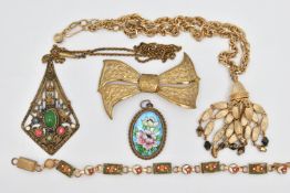 FIVE PIECES OF JEWELLERY, to include a 'Trifari' costume tassel necklace with fish hook clasp, a