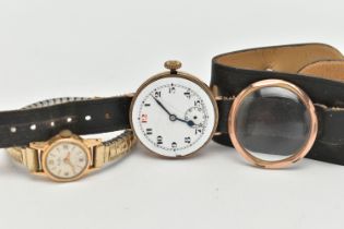 TWO GOLD WRISTWATCHES, to include a gents watch, manual wind, round white dial, Arabic numerals,