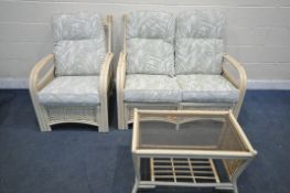 A RATTAN THREE PIECE CONSERVATORY SUITE, comprising a two seater sofa, length 122cm x depth 88cm x