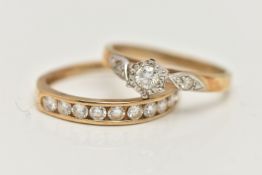 TWO 9CT GOLD RINGS, the first designed as a central illusion set brilliant cut diamond flanked by