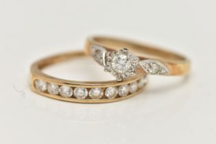 TWO 9CT GOLD RINGS, the first designed as a central illusion set brilliant cut diamond flanked by