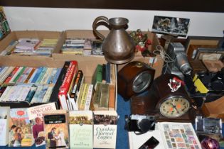 SIX BOXES OF BOOKS AND MISCELLANEOUS SUNDRIES, to include three wooden mantel clocks, large copper